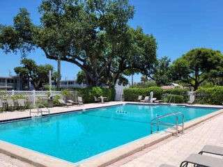 Outdoor swimming pool surrounded by lounge chairs and trees on a sunny day.