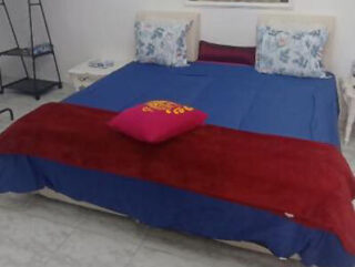 A neatly made bed with a blue and red bedspread, floral pillows, and a small red cushion in the center.