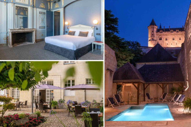 A collage showing a hotel room with a bed and fireplace, an outdoor dining area with tables and umbrellas, and a swimming pool next to a historic castle at night.