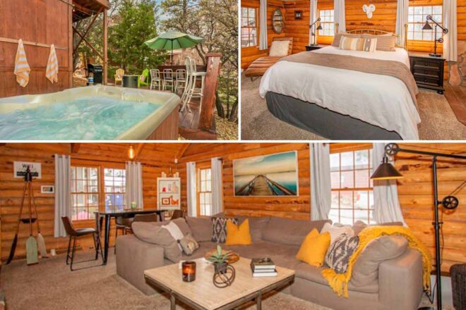 Collage of a cabin interior featuring a bedroom with a queen bed, a living area with a sectional sofa, and an outdoor deck with a hot tub and dining area surrounded by trees.