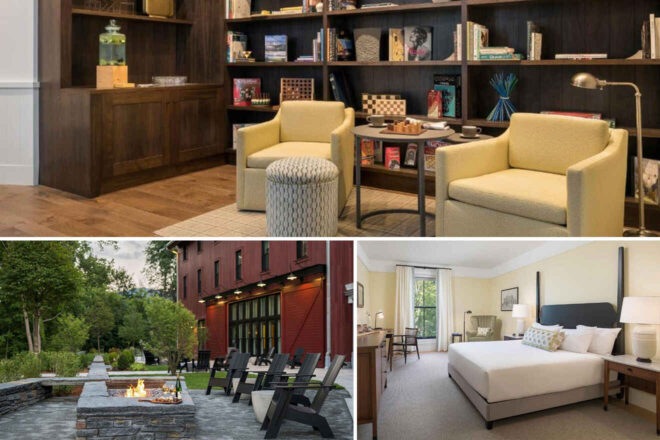 A cozy library, an outdoor seating area with a fire pit, and a modern hotel room with a large bed and natural light.