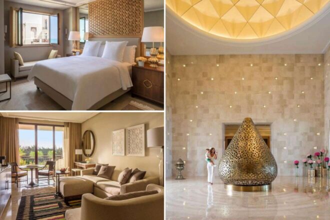 A collage of three hotel photos to stay in Tunis: a luxurious bedroom with plush bedding and wooden accents, a sophisticated sitting room with panoramic views and modern decor, and a grand lobby featuring a striking golden sculpture and soft lighting.