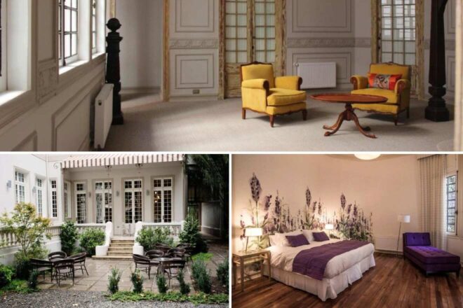 A collage of three hotel photos to stay in Santiago de Chile: a regal living room with high ceilings and vintage decor, a tranquil outdoor patio surrounded by greenery, and a beautifully decorated bedroom with lavender-themed wall art and matching accents.