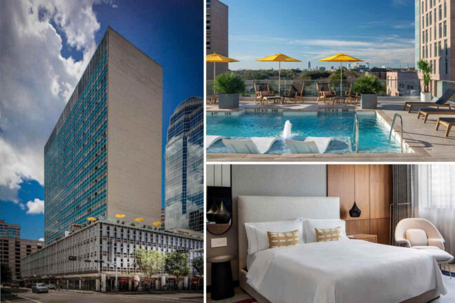 Composite image showing a tall modern hotel building, a rooftop pool with yellow umbrellas and lounge chairs, and a hotel room with a large bed and neutral decor.