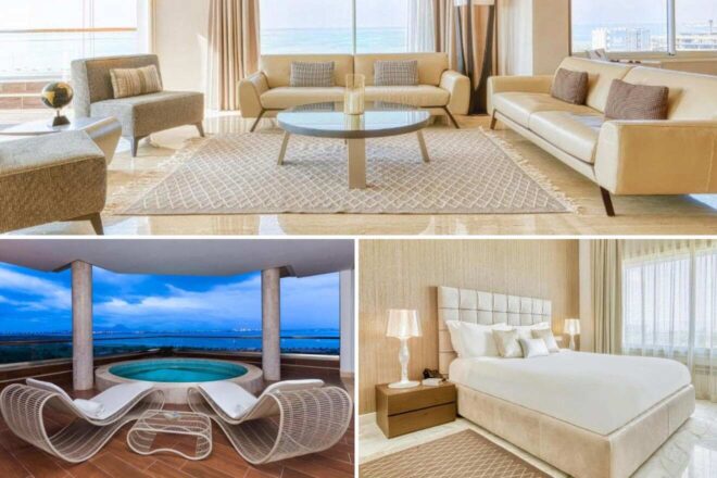 A collage of three hotel photos to stay in Tunis: a sleek living room with modern furniture and sea views, a private terrace with a hot tub overlooking the ocean, and a chic bedroom with neutral tones and elegant lighting.