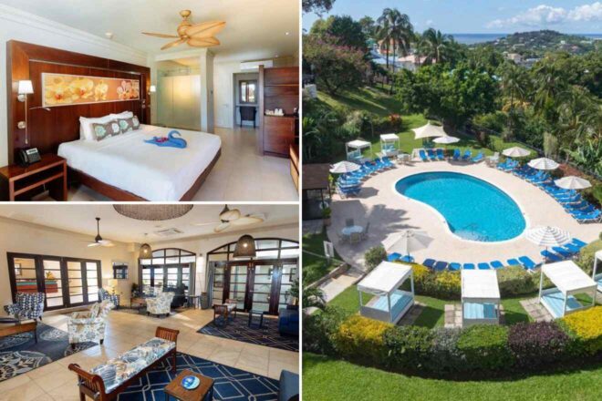 A collage of three hotel photos to stay in St. Lucia: a cozy bedroom with wooden furniture and a tropical-themed artwork, a vibrant and inviting pool area surrounded by greenery, and a spacious lounge area with stylish furniture and decorative patterns.