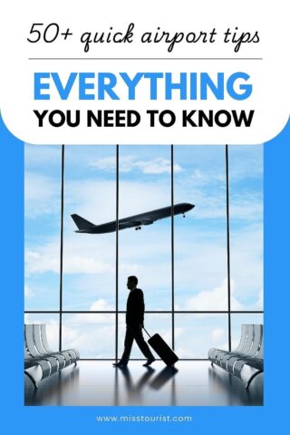 A traveler with a suitcase walks in an empty airport terminal, with a plane taking off in the background. Text reads, "50+ quick airport tips. EVERYTHING YOU NEED TO KNOW.