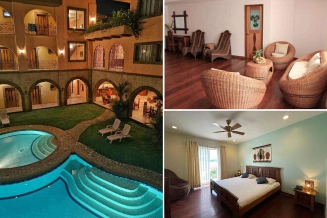 Collage of Corto del Mar Hotel: courtyard pool with arched balconies, rattan lounge and a wooden-bed guest room.