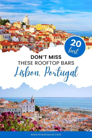 Promotional image showcasing two rooftop views of Lisbon, Portugal, encouraging a visit to the city's rooftop bars. The text reads "Don't Miss These Rooftop Bars Lisbon, Portugal," with a "20 best" circle.