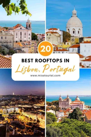 A collage of Lisbon rooftops with the text "20 Best Rooftops in Lisbon, Portugal" displayed in the center. Four distinct views of Lisbon's architecture and scenery are shown, including day and night scenes.