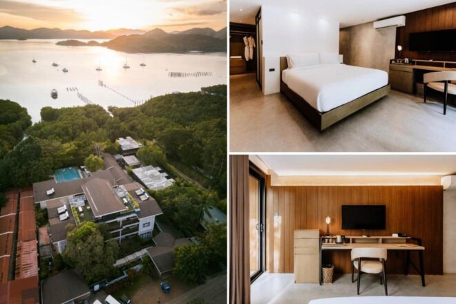 Aerial view of a waterfront resort with boats, plus two modern hotel rooms with minimalist décor, desks, and large beds.