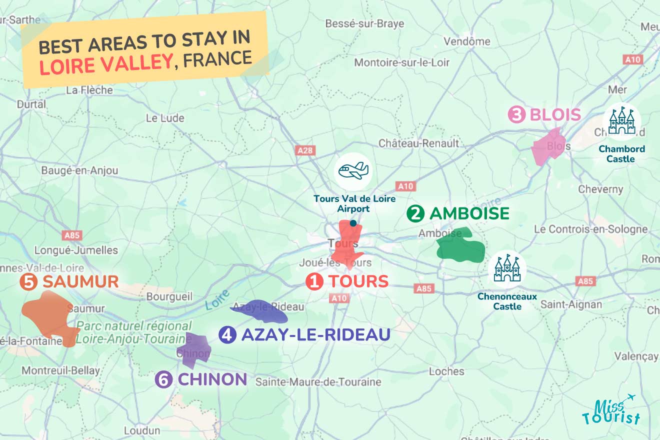 A colorful map highlighting the best areas to stay in Loire-Valley with numbered locations and labels for easy navigation