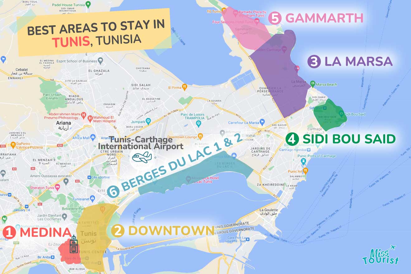 A colorful map highlighting the best areas to stay in Tunis with numbered locations and labels for easy navigation