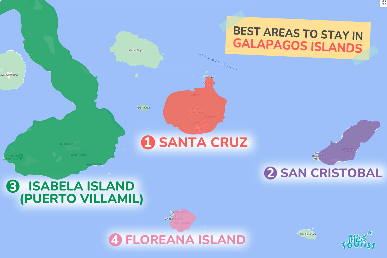 A colorful map highlighting the best areas to stay in Galapagos-Islands with numbered locations and labels for easy navigation