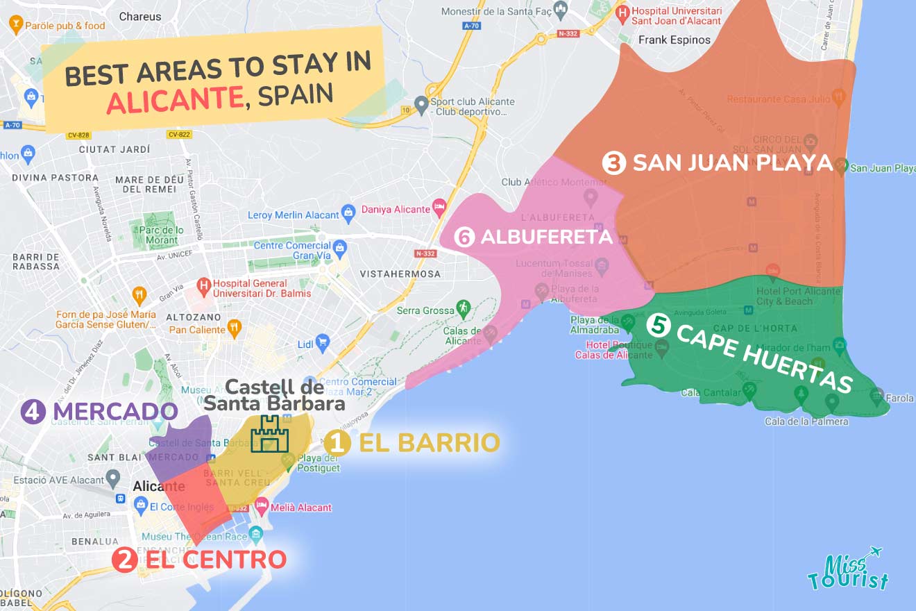 A colorful map highlighting the best areas to stay in Alicante with numbered locations and labels for easy navigation