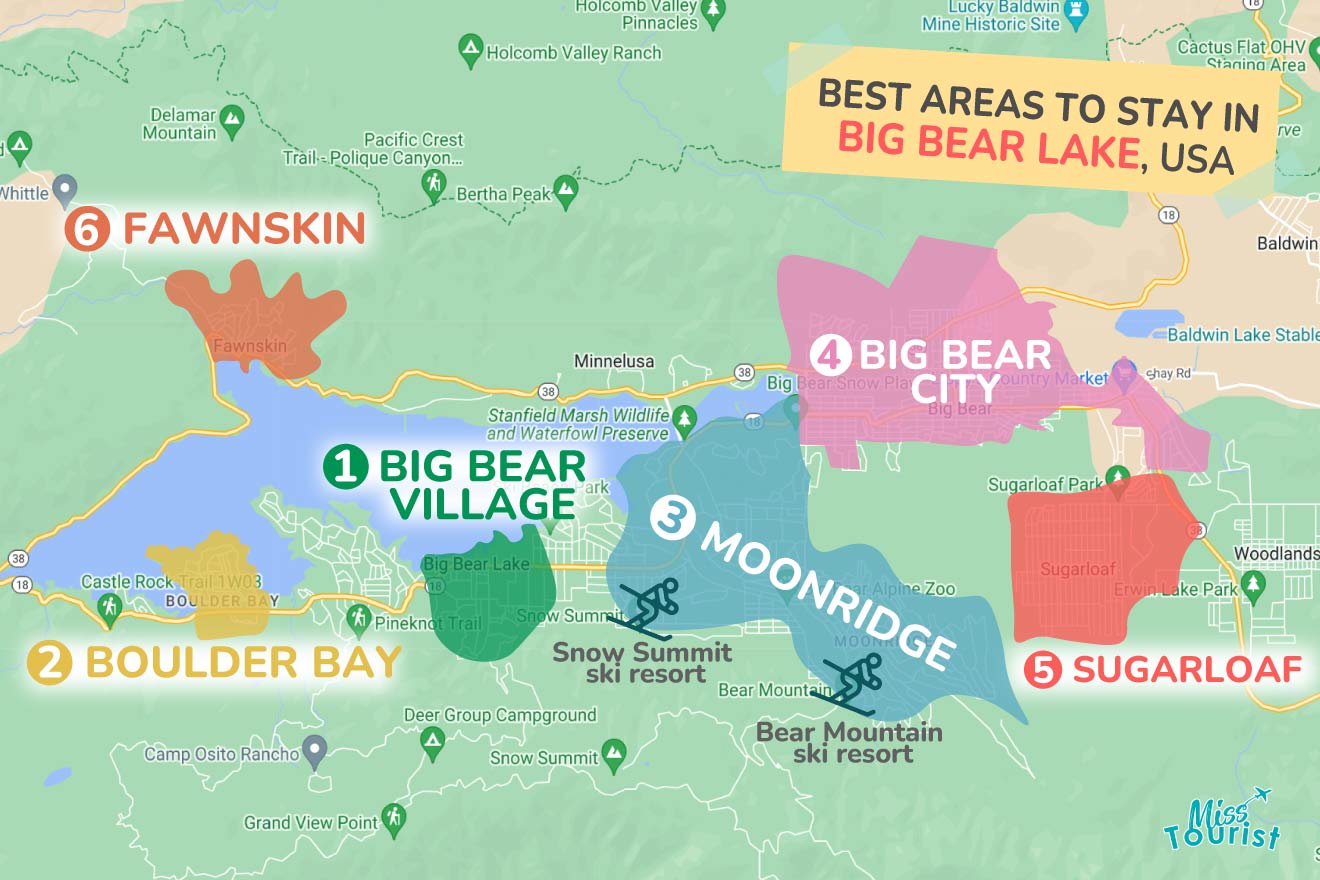 A colorful map highlighting the best areas to stay in Big-Bear with numbered locations and labels for easy navigation