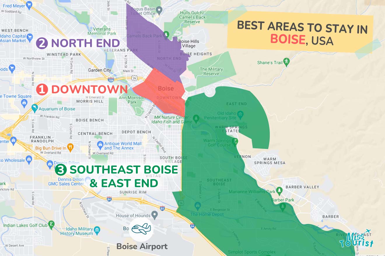 A colorful map highlighting the best areas to stay in Boise with numbered locations and labels for easy navigation