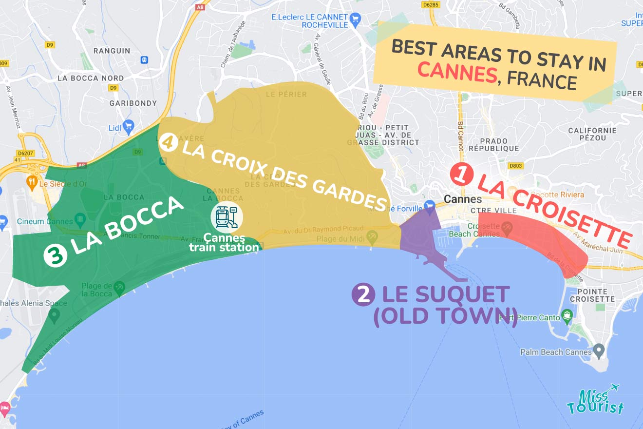 A colorful map highlighting the best areas to stay in Cannes with numbered locations and labels for easy navigation