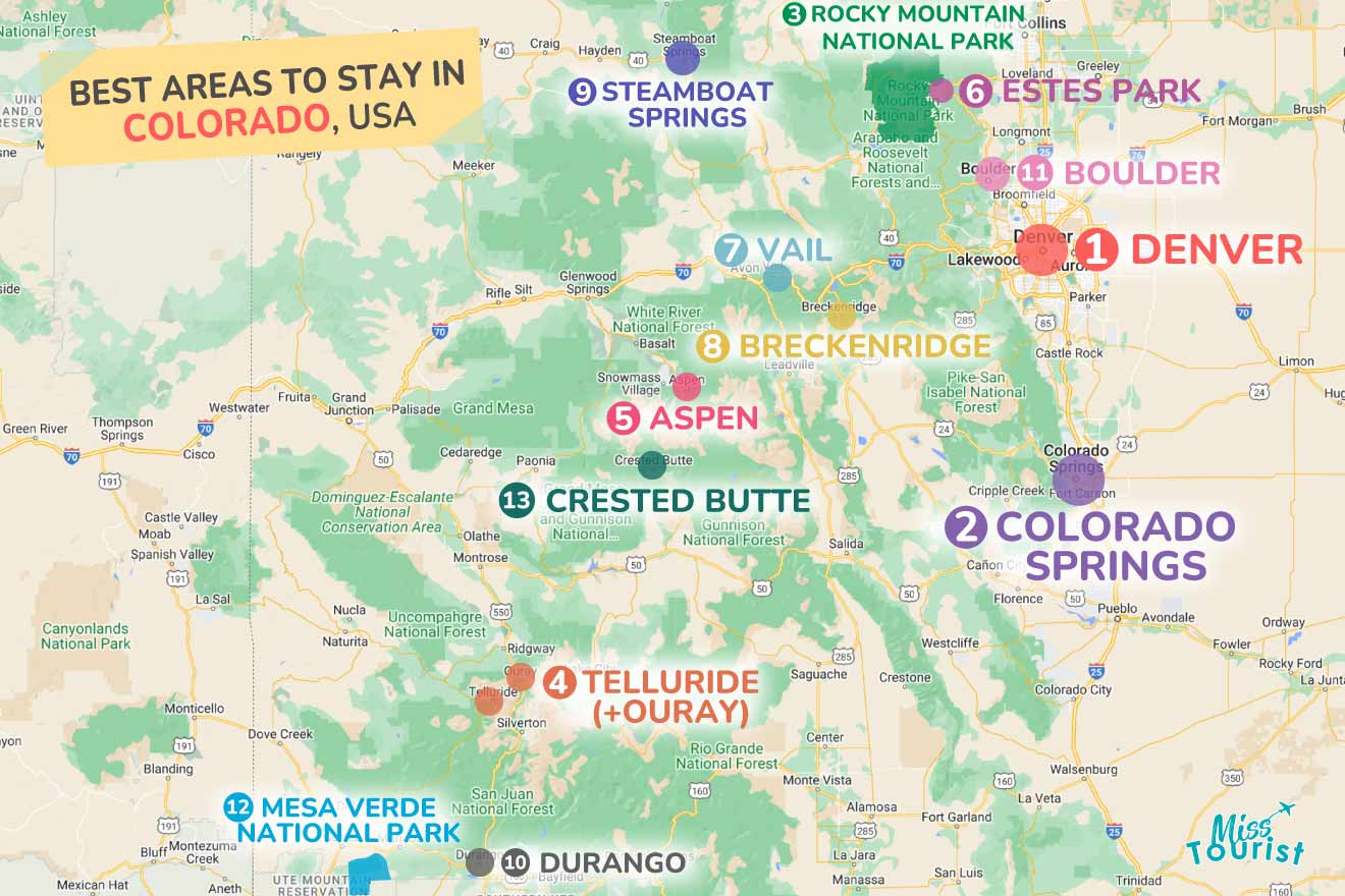 A colorful map highlighting the best areas to stay in Colorado with numbered locations and labels for easy navigation