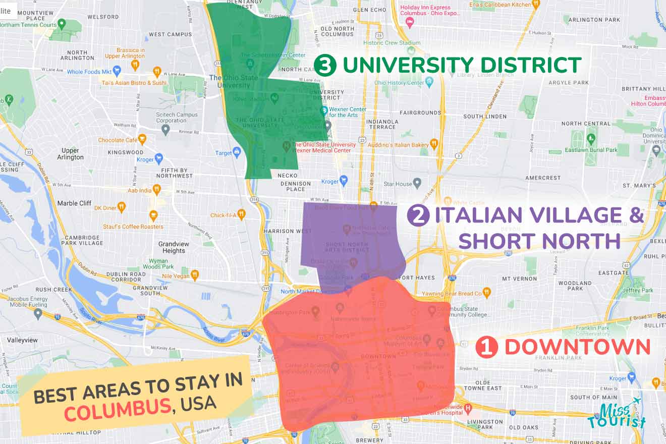 A colorful map highlighting the best areas to stay in Columbus-Ohio with numbered locations and labels for easy navigation