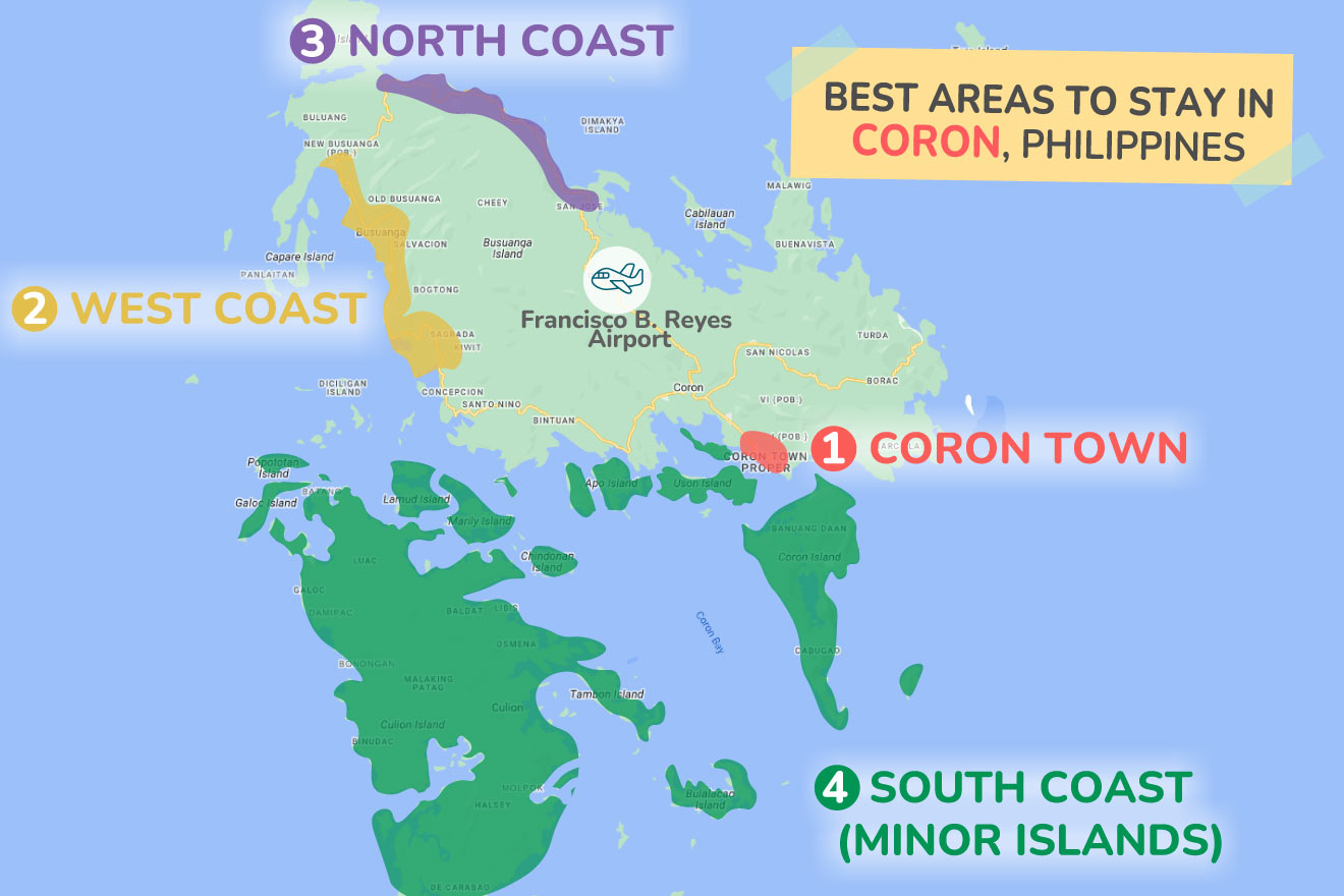 A colorful map highlighting the best areas to stay in Coron with numbered locations and labels for easy navigation