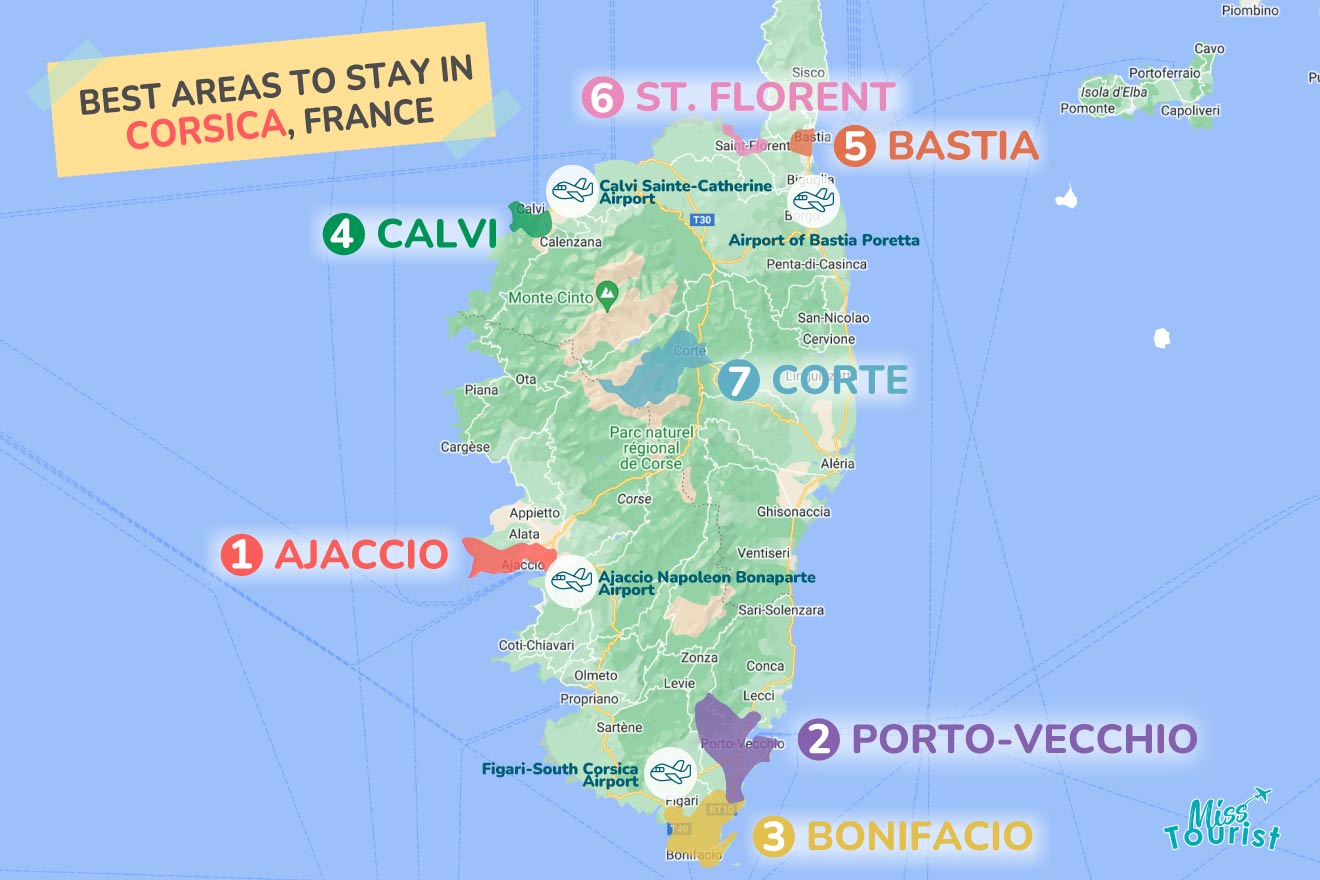 A colorful map highlighting the best areas to stay in Corsica with numbered locations and labels for easy navigation