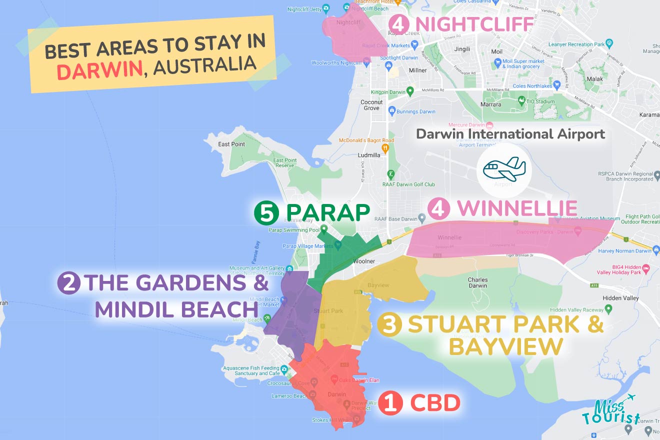 A colorful map highlighting the best areas to stay in Darwin with numbered locations and labels for easy navigation