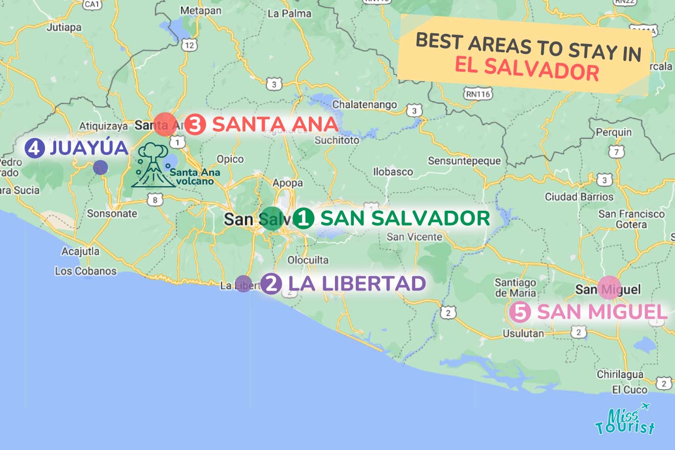 A colorful map highlighting the best areas to stay in El-Salvador with numbered locations and labels for easy navigation