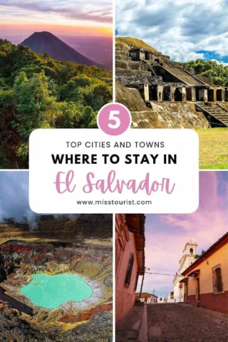 A travel guide cover featuring images of a mountain, ancient ruins, a volcanic crater, and a historic street in El Salvador, with the text "5 Top Cities and Towns Where to Stay in El Salvador.