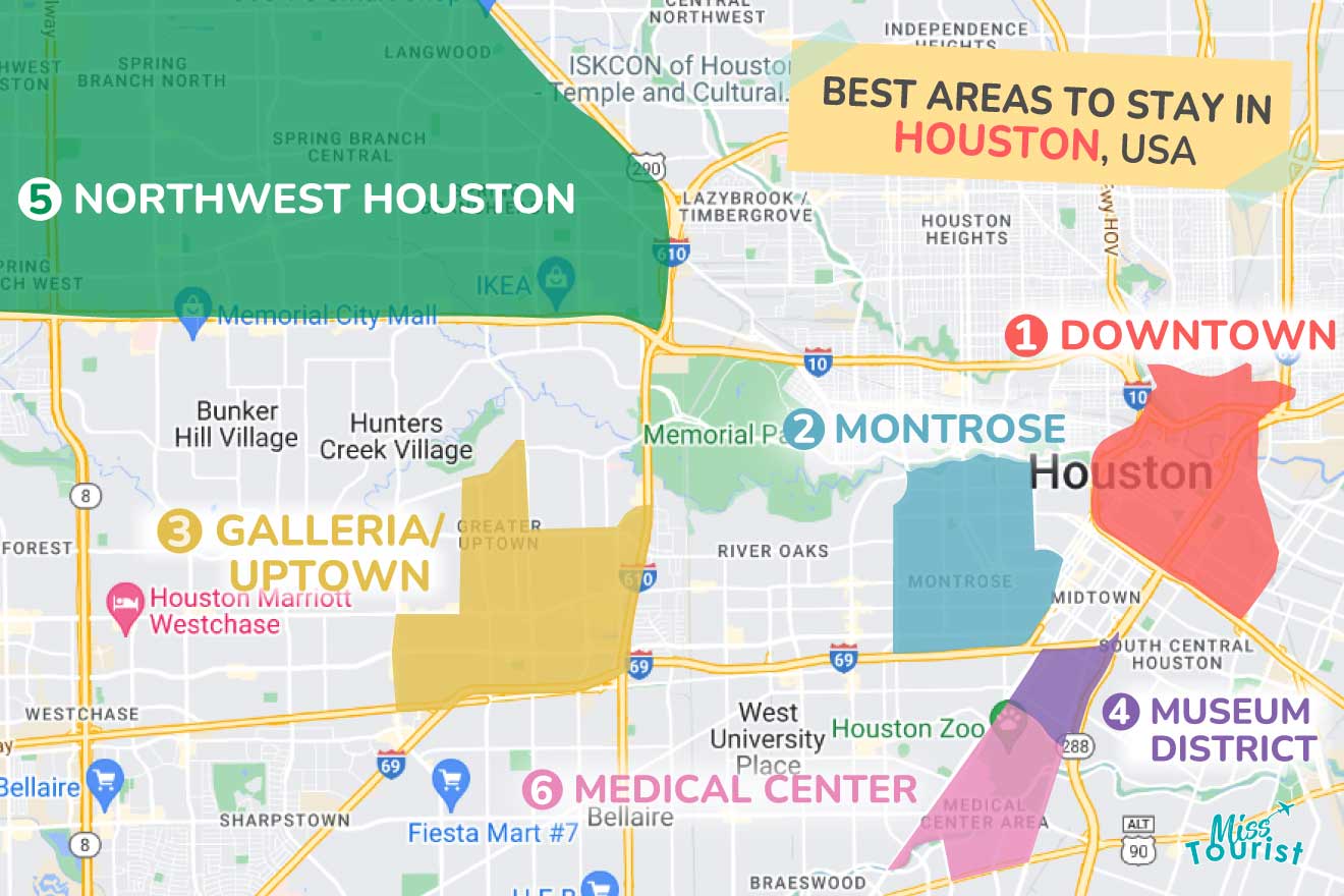 A colorful map highlighting the best areas to stay in Houston with numbered locations and labels for easy navigation