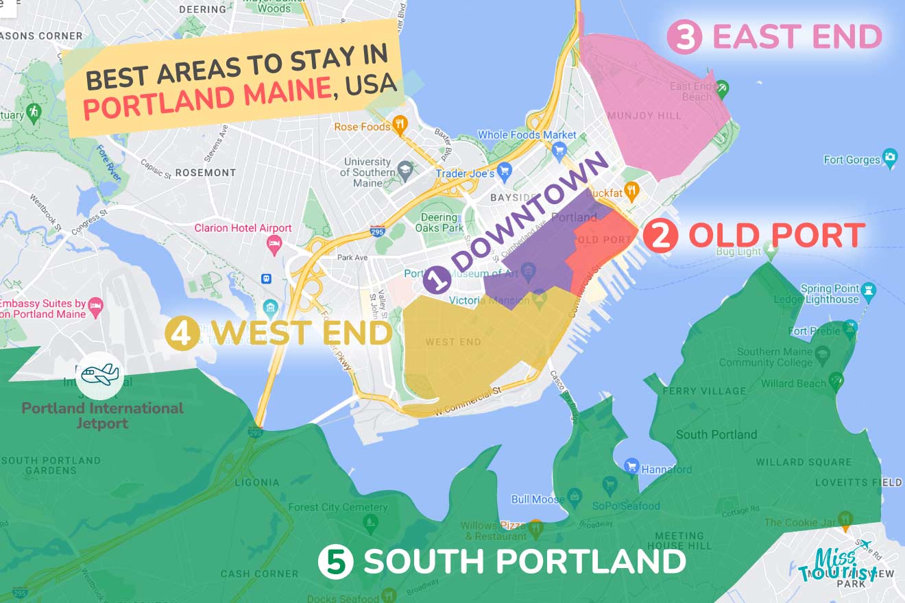 A colorful map highlighting the best areas to stay in Portland-Maine with numbered locations and labels for easy navigation