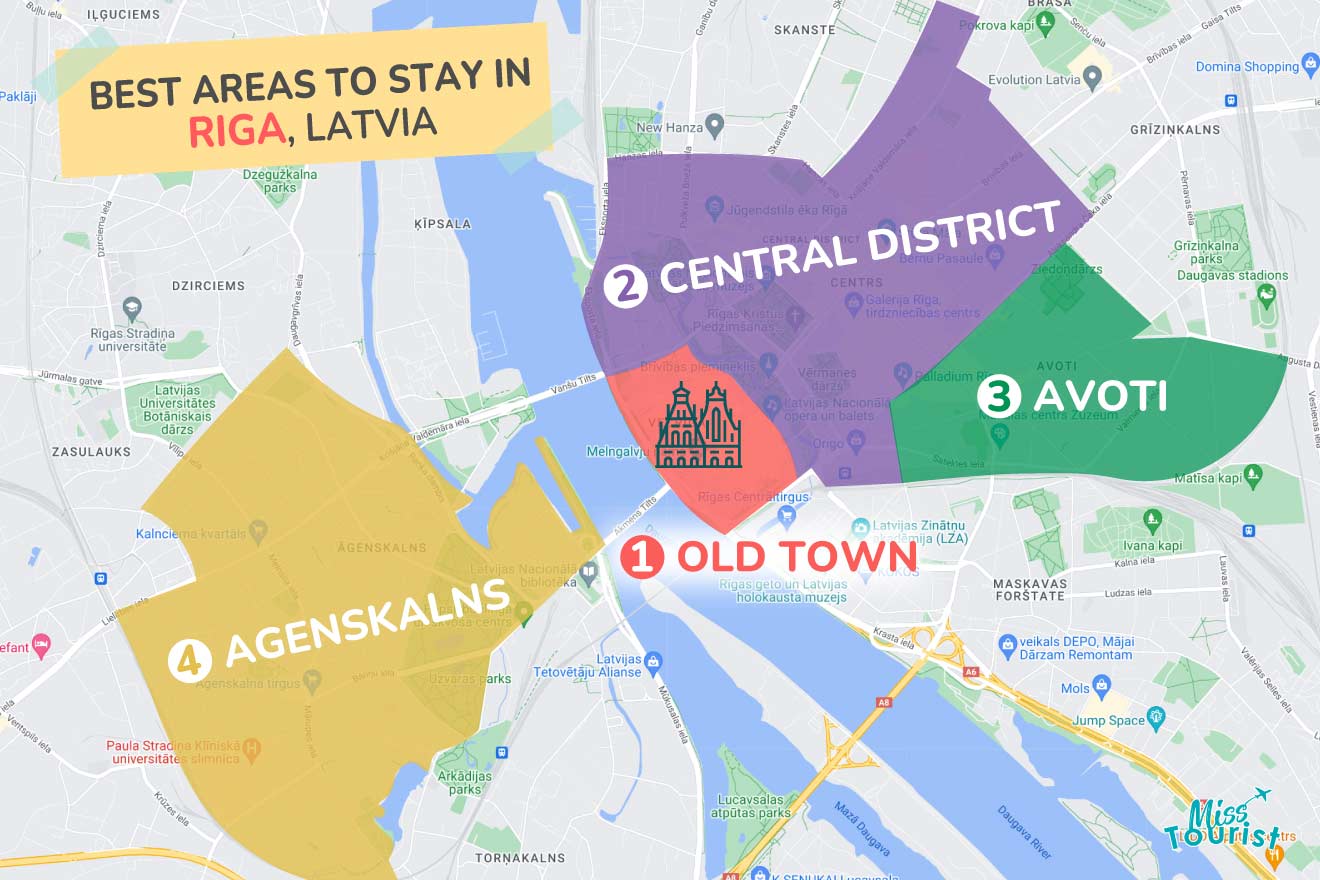 A colorful map highlighting the best areas to stay in Riga with numbered locations and labels for easy navigation