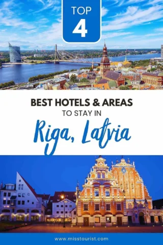 Top 4 Best Hotels & Areas to Stay in Riga, Latvia. Upper image shows a panoramic view of Riga with a river, lower image shows a brightly lit historic building at night.