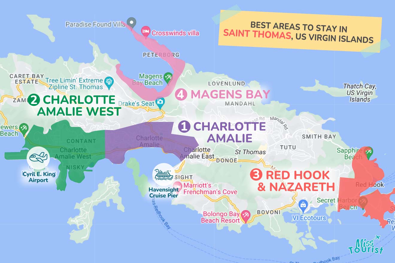 A colorful map highlighting the best areas to stay in Saint-Thomas with numbered locations and labels for easy navigation