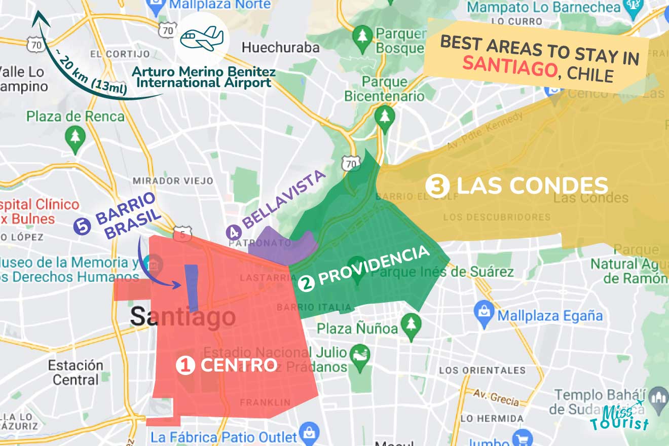 A colorful map highlighting the best areas to stay in Santiago-Chile with numbered locations and labels for easy navigation