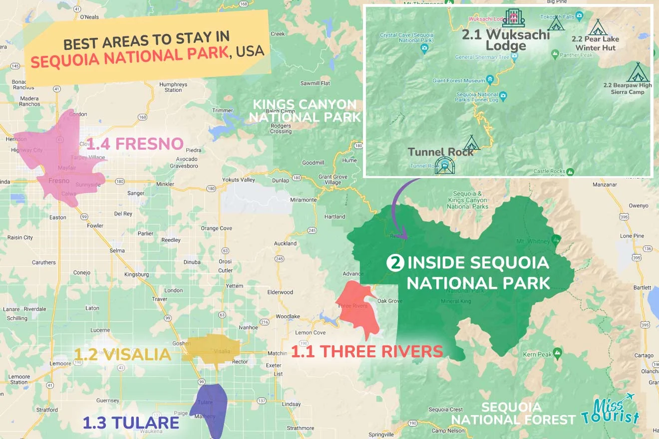 A colorful map highlighting the best areas to stay in Sequoia National Park with numbered locations and labels for easy navigation