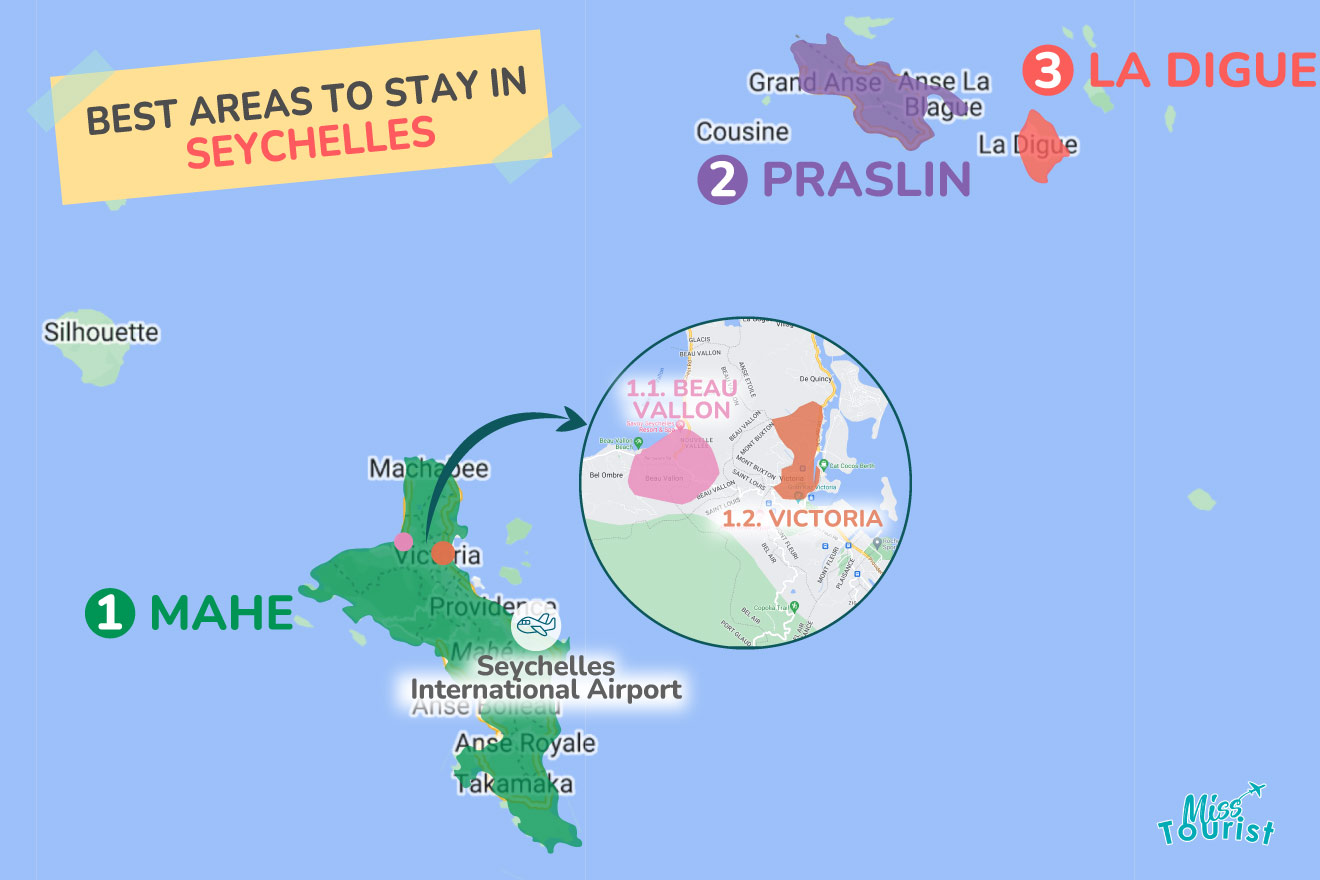 A colorful map highlighting the best areas to stay in Seychelles with numbered locations and labels for easy navigation