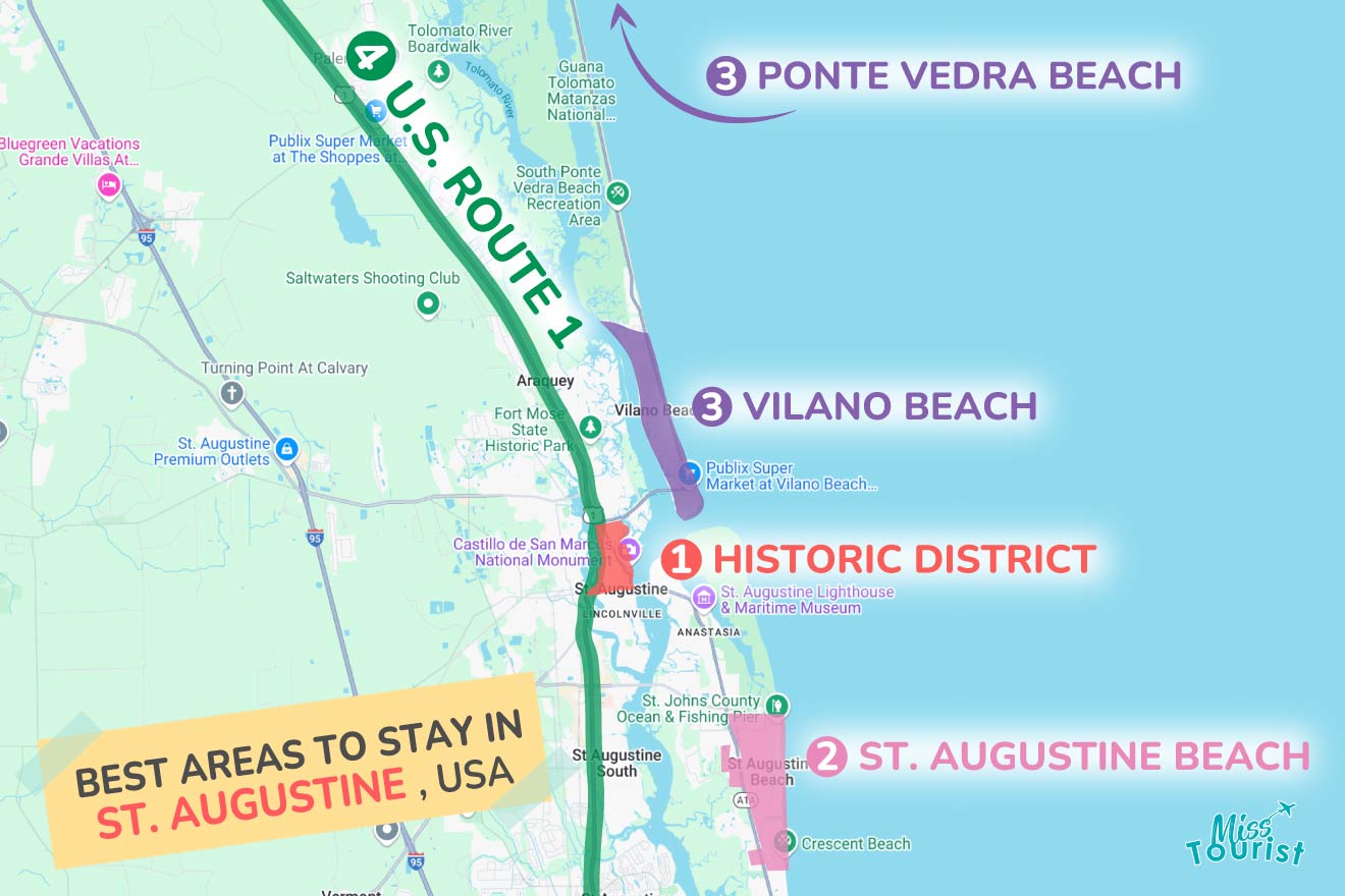 A colorful map highlighting the best areas to stay in St-Augustine with numbered locations and labels for easy navigation