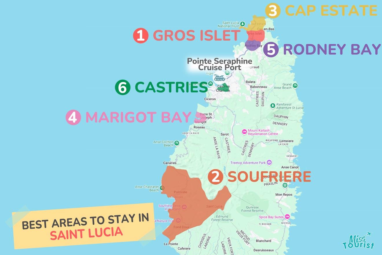 A colorful map highlighting the best areas to stay in St-Lucia with numbered locations and labels for easy navigation