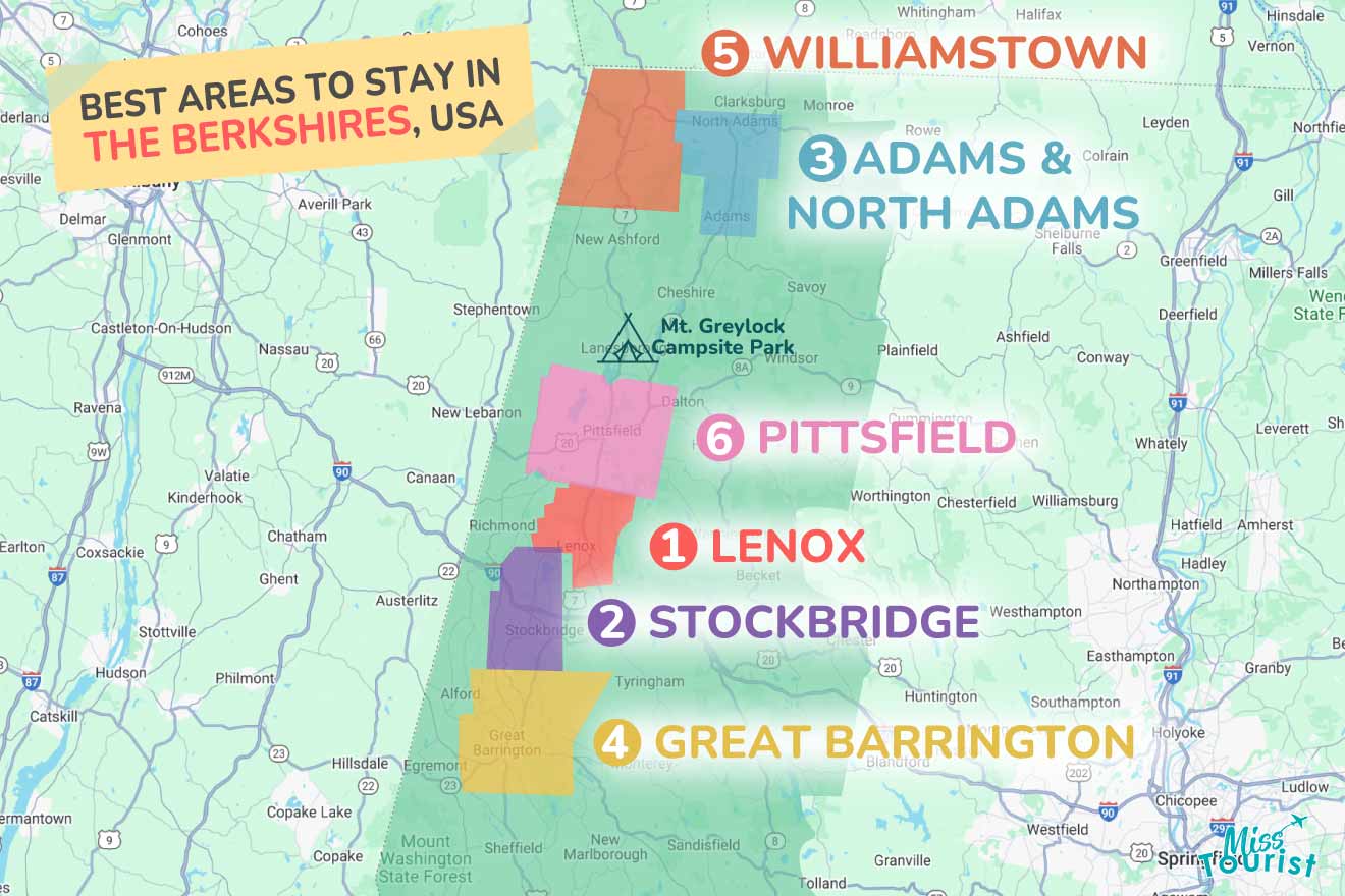 A colorful map highlighting the best areas to stay in The-Berkshires with numbered locations and labels for easy navigation