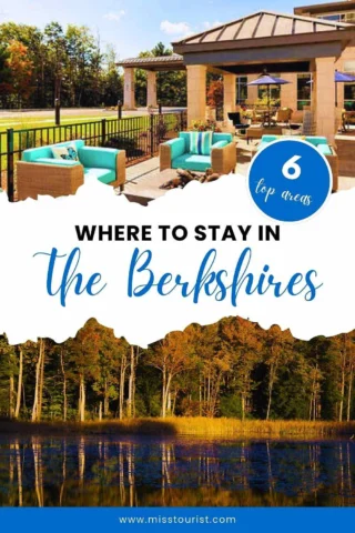 A promotional image showcasing outdoor seating and forest scenery with text: "6 top areas - Where to stay in the Berkshires" and a URL at the bottom.