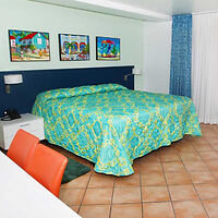 A bright hotel room with a large bed covered in a vibrant blue and yellow patterned bedspread