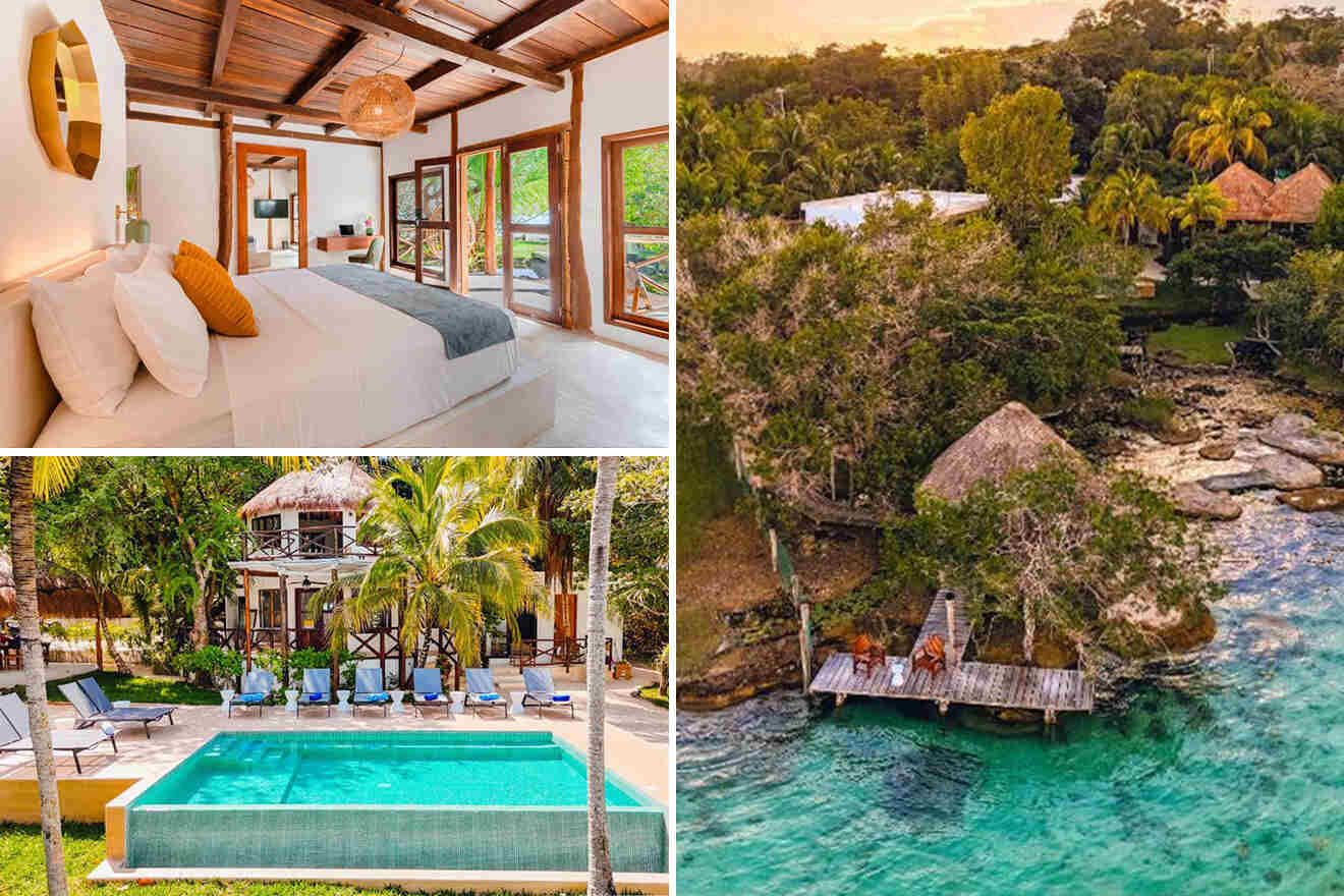 A collage featuring a luxurious bedroom, a clear swimming pool surrounded by lounge chairs, and an aerial view of a tropical waterfront property with lush greenery and turquoise water.