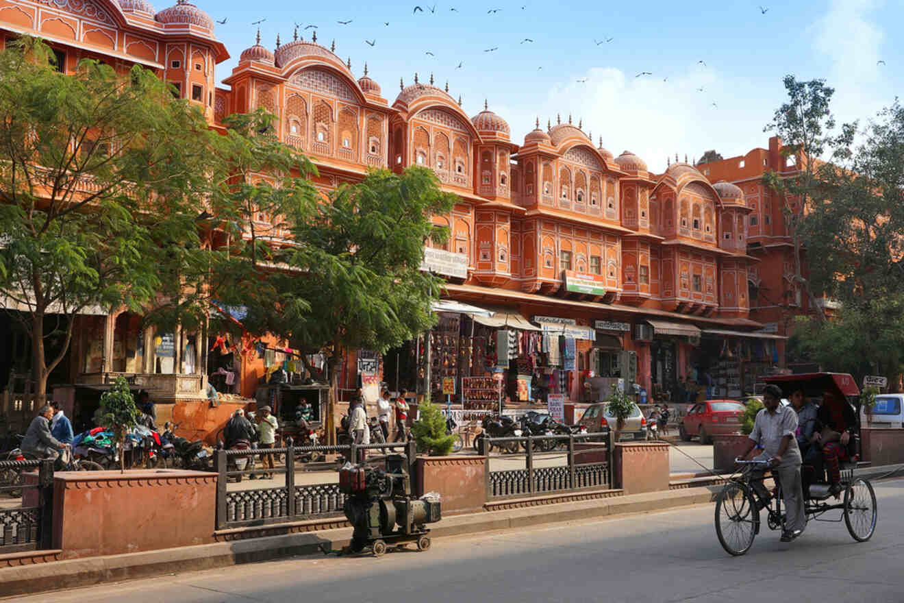 Market street with ornate red and pink buildings, trees, pedestrians, motorbikes, and rickshaws in a bustling setting during the daytime.