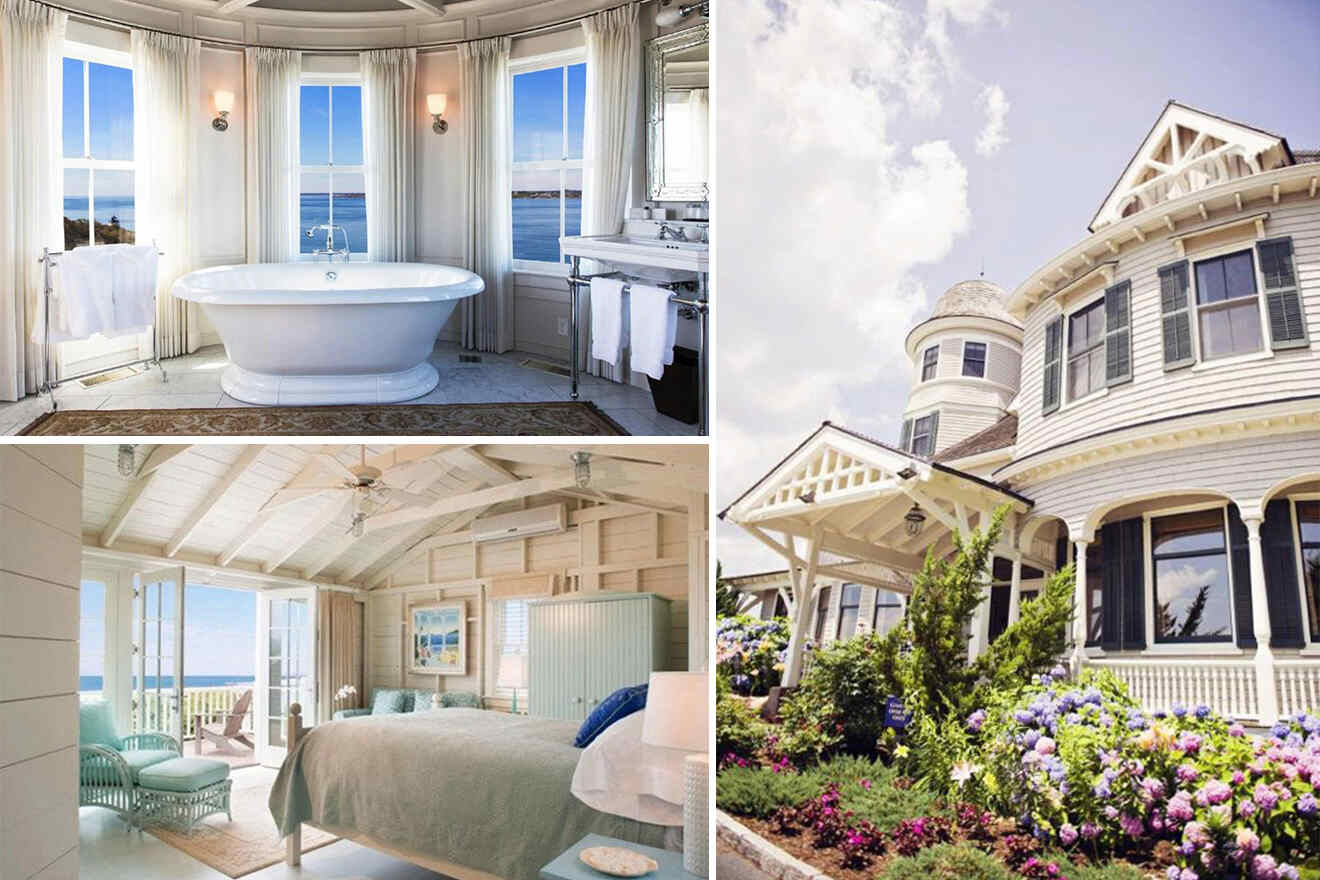 Collage of three images: a bathroom with a freestanding tub, a bedroom with ocean views, and an exterior view of a large historic house with a garden.