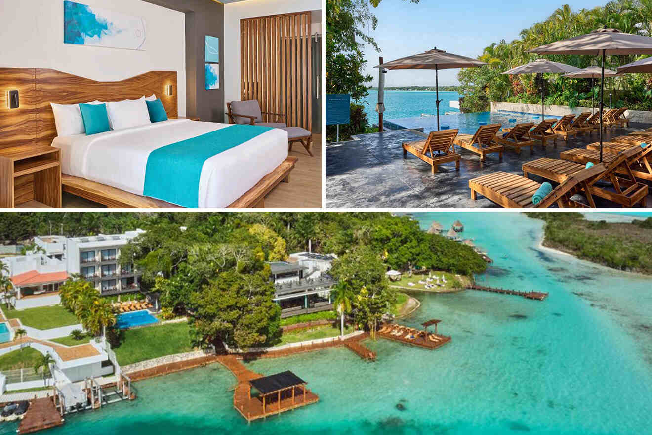 A collage showing a modern hotel room with a large bed, a pool area with lounge chairs and umbrellas by the water, and an aerial view of a resort located by crystal-clear turquoise water.