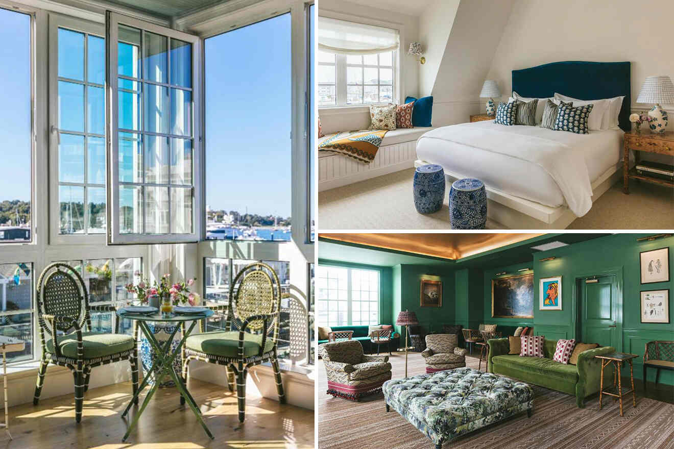 A collage of three rooms: a sunlit seating area by open windows, a bedroom with a large bed and stylish decor, and a green-themed living room with various seating options.