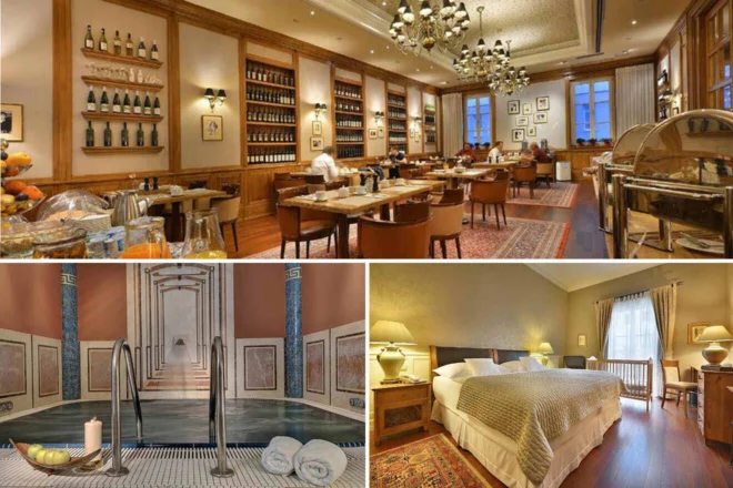 A collage showing a wine restaurant, a spa with a pool and towel setup, and a bedroom with a double bed and warm lighting.