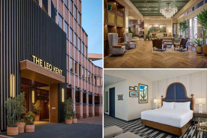 A multi-image collage shows (1) the exterior entrance of a hotel named "The Leo Kent," (2) a stylishly decorated lobby with seating areas, and (3) a modern bedroom with a large bed.