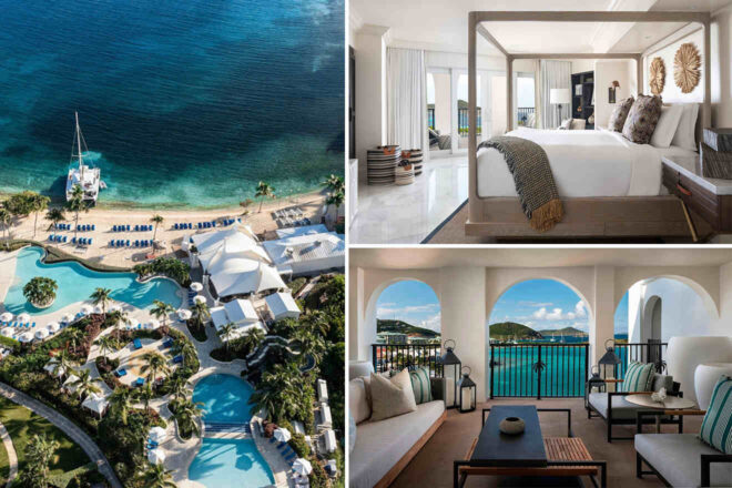 Aerial view of a beachfront resort with a marina, outdoor pools, and palm trees. Adjacent images show an elegant white bedroom with modern decor and a balcony with ocean views.